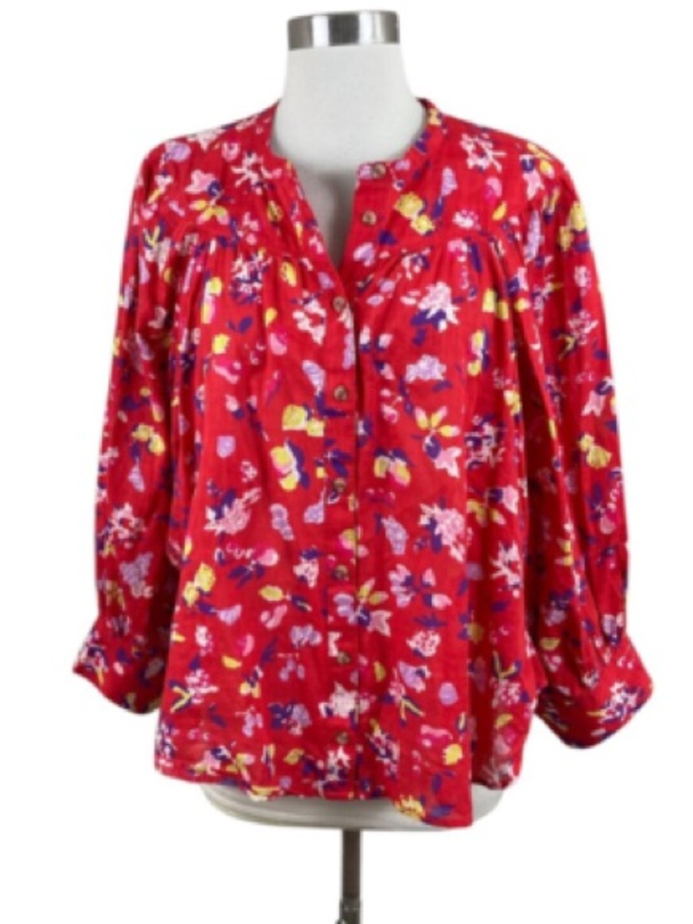 Anthropologie Maeve Red Purple Whimsy Floral 100% Cotton Button Front Blouse